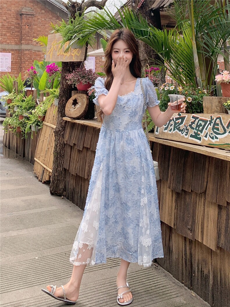 法式蓝色花朵短袖连衣裙女夏季新款方领收腰长裙甜美建立气质裙子,女装连衣裙,艾米莉亚