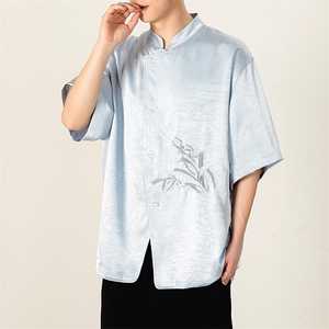 风男士大码休闲个性立领短袖衬衫简约兰花刺绣上衣T2521-P65图片