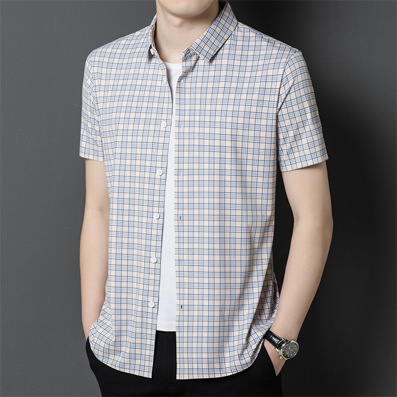 BY8626夏季新款男士短袖衬衫无痕衬衣速干商务通勤体恤衫格子，男装T恤，电商B360