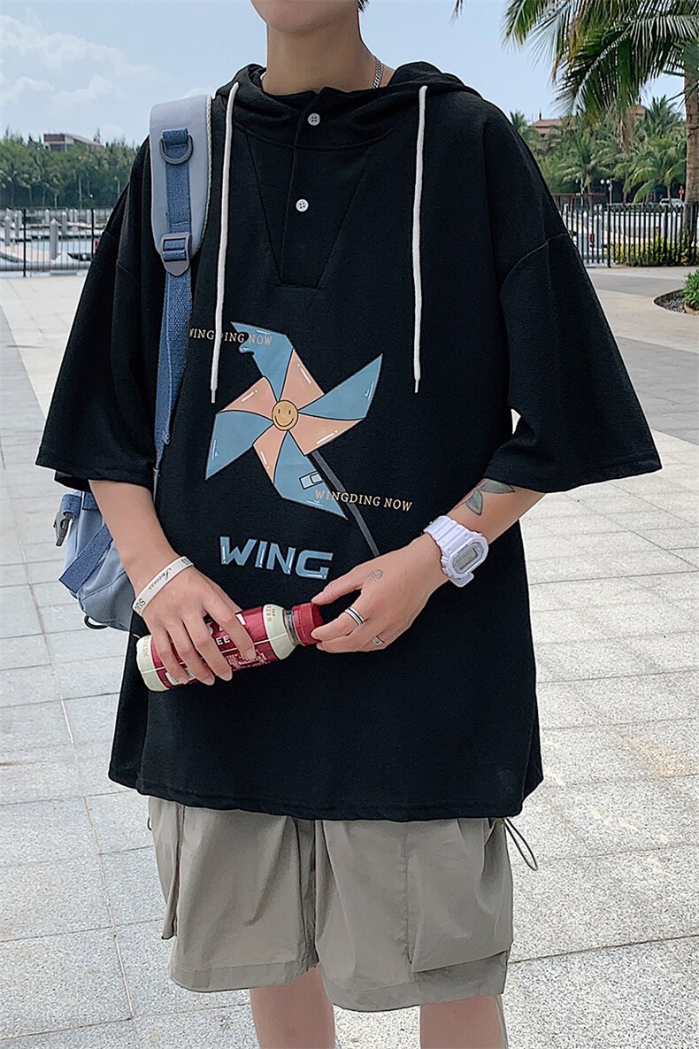 LD54112-P45连帽短袖t恤男大码胖子带帽五分袖中袖,男装T恤,电商A040