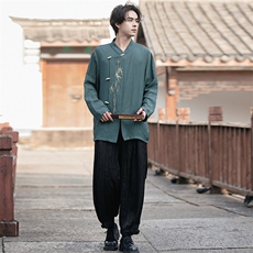 新中式风（折枝金竹）棉麻绣花木头扣大码宽松长袖衬衫男女款，男装衬衫，星座305A（原312A-1）