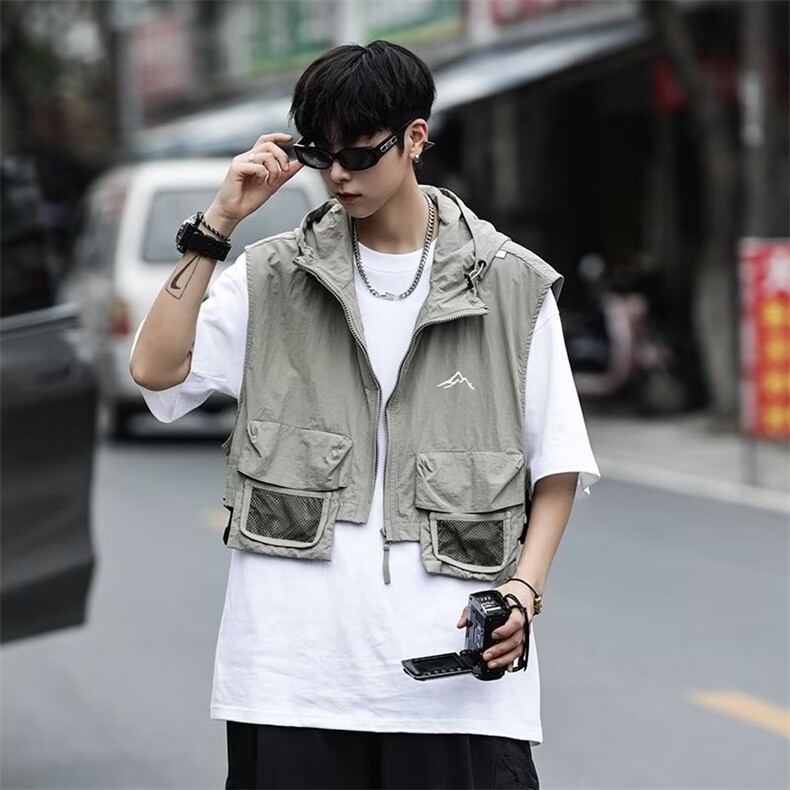 山系露营风男女户外机能短款连帽马甲多口袋坎肩无袖W4984-P43，男装背心/马甲，星座412-3