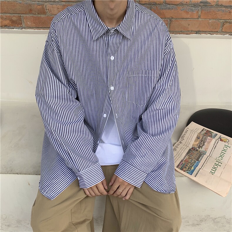竖条纹长袖衬衫男士韩版潮流ins宽松情侣装上衣衬衣外套C383-p35,男装衬衫,星座601-2