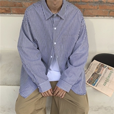 竖条纹长袖衬衫男士韩版潮流ins宽松情侣装上衣衬衣外套C383-p35，男装衬衫，星座601-2