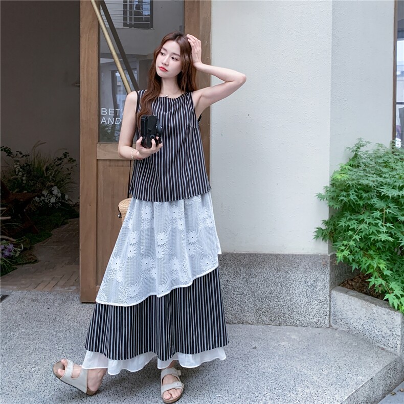 设计感条纹无袖背心套装裙女2025年夏季新款蕾丝拼接半身裙两件套,女装套装/套裙,2C012