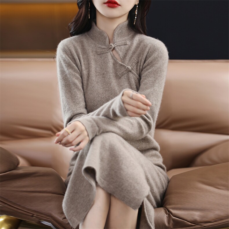 中式半高领羊毛针织旗袍连衣裙修身过膝打底裙,女装连衣裙,绒宛羊绒