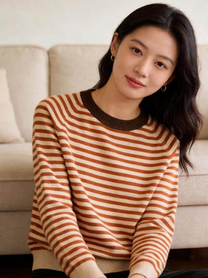 2026新款橘色条纹套头毛衣女,针织衫/毛衣,沐策羊绒