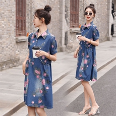 时尚牛仔印花连衣裙修身显瘦高腰A字裙夏季新款，女装连衣裙，秋水欣儿