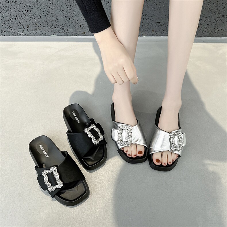2024夏季新款水钻方扣一字拖鞋女法式外穿休闲厚底沙滩凉拖女，女鞋拖鞋，星座1407-3