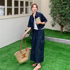 休闲宽松牛仔衬衫半身裙套装女夏2025新款慵懒风穿搭巨好看两件套，女装套装/套裙，2C375