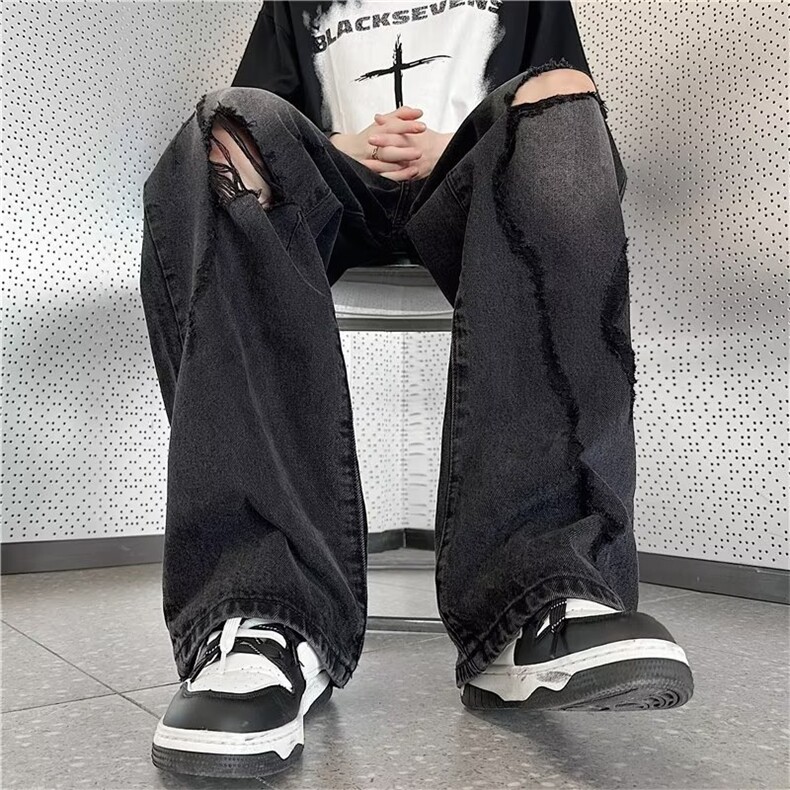 美式复古高街破洞水洗黑色牛仔裤男女潮高腰宽松直筒裤TG14-P50,男装牛仔裤,星座1109-3