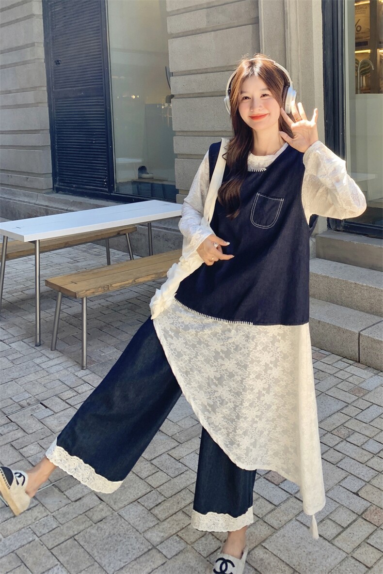 韩版牛仔马甲套装女2025秋季新款不规则罩衫设计感阔腿裤三件套,女装套装/套裙,2C133