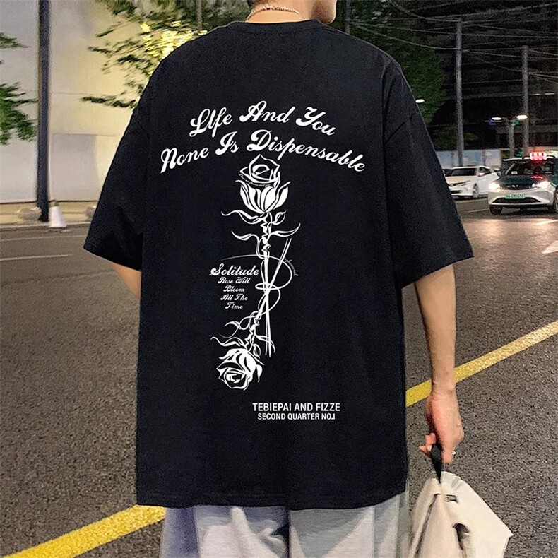1506-1/TH1571/P30紧密赛络纺美式复古玫瑰花短袖t恤男士夏季宽松图片