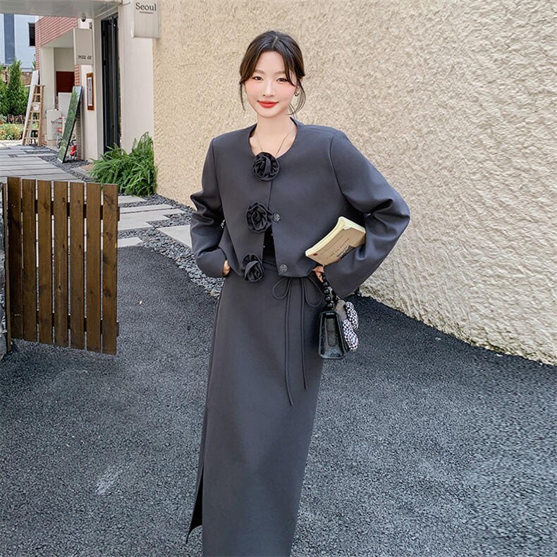 气质穿搭灰色套装裙女春秋2025新款超火高级感小西装半身裙两件套,女装套装/套裙,2C255