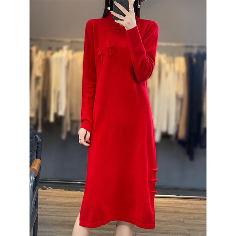 优雅气质旗袍领针织羊毛连衣裙显瘦修身长袖秋装新款女装,女装连衣裙,狄美羊绒