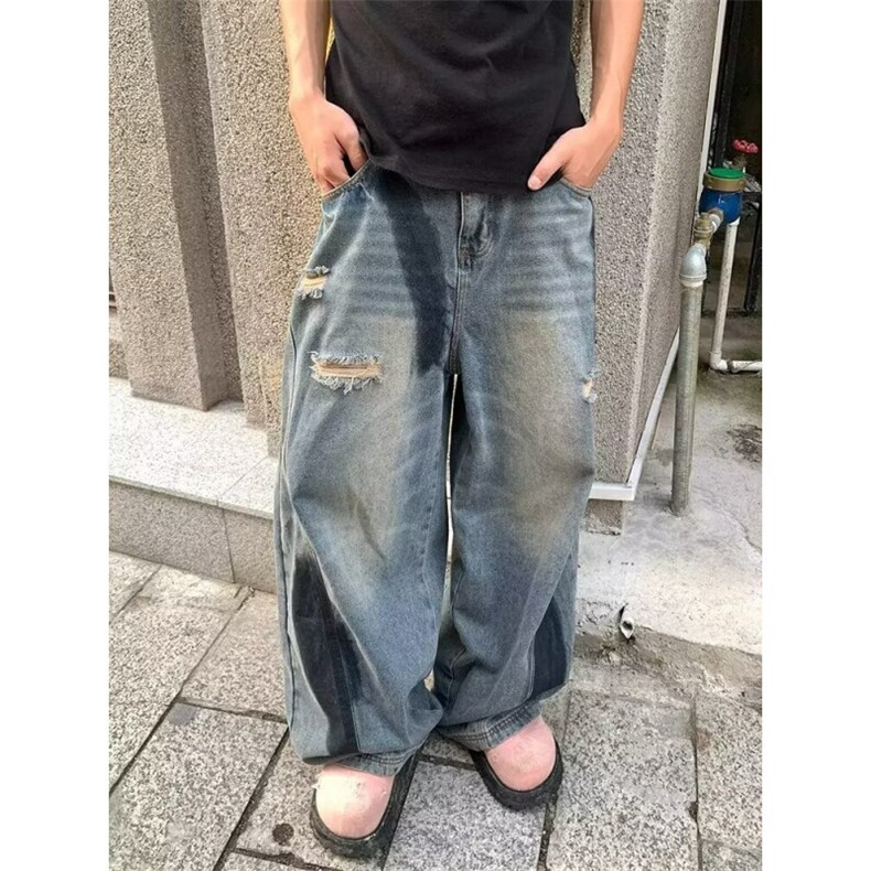 复古做旧宽松破洞牛仔裤男女春季新款高街阔腿拖地直筒裤NZB43,男装牛仔裤,星座516A