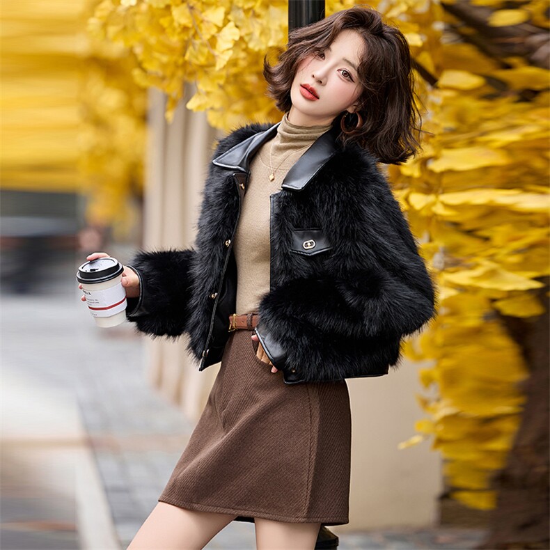 仿狐狸毛环保皮草外套女冬季小香风翻领年轻款气质拼皮风高端上衣,女装皮草,美拉德工厂直营店