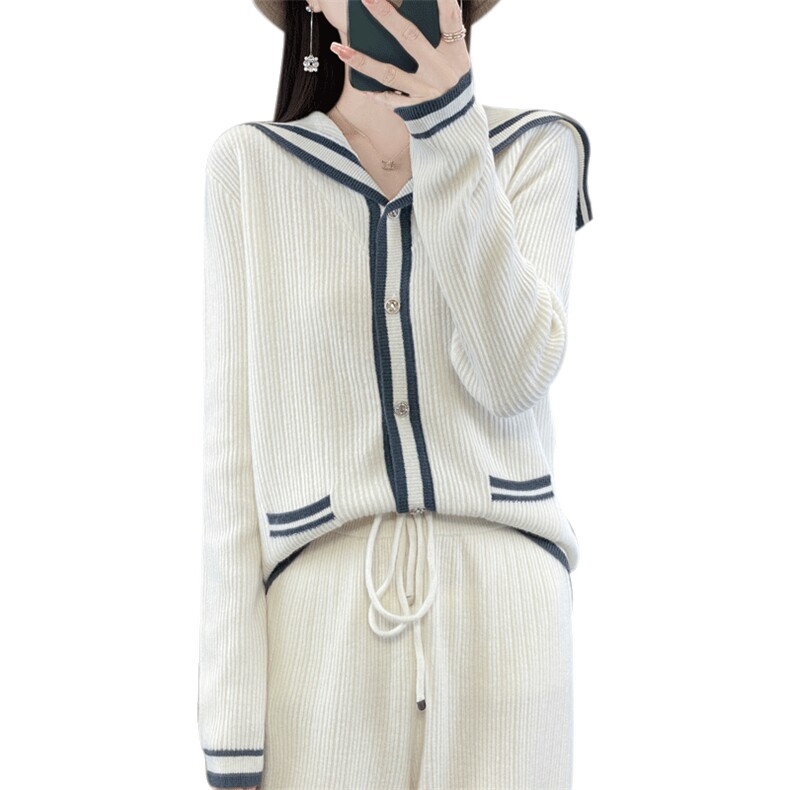 时尚显瘦海军领拼色针织套装女秋冬季新款宽松休闲两件套毛衣裤,女装套装/套裙,宛庄羊绒