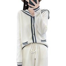 时尚显瘦海军领拼色针织套装女秋冬季新款宽松休闲两件套毛衣裤，女装套装/套裙，宛庄羊绒