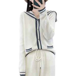 时尚显瘦海军领拼色针织套装女秋冬季新款宽松休闲两件套毛衣裤图片