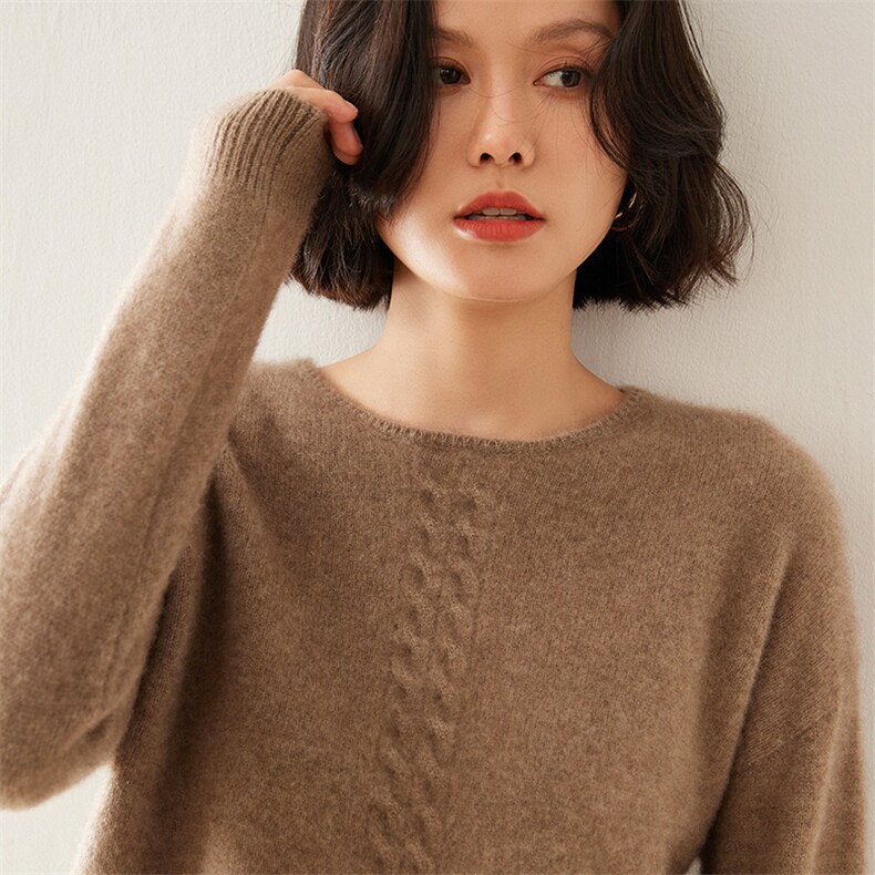 2024秋季新款圆翻领长袖坑条修身舒适35%羊绒衫,女装羊绒衫,七柒羊绒