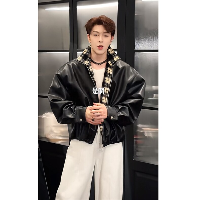 秋冬复古格子拼接机车皮衣夹克外套男潮JK2377-P145（网图）,男装夹克,电商B267