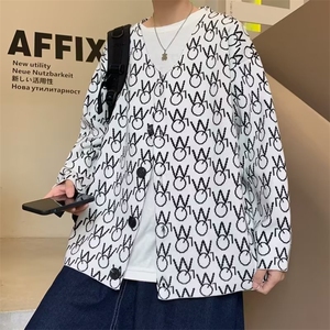 港风休闲花纹毛衫羊毛针织开衫毛衣秋冬男女情侣款潮图片