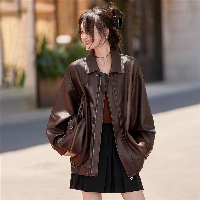 美式复古棕色PU皮衣外套女短款宽松小个子春秋新款小西服外套2652,女装皮衣,潮流依族
