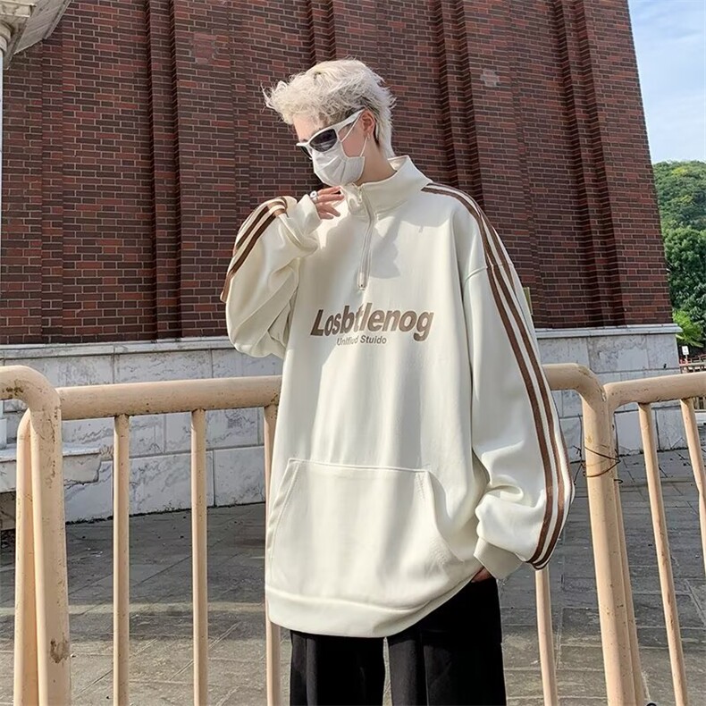 美式复古条纹重磅立领卫衣男春秋新款宽松潮牌半拉链外套Q39/P40,男装卫衣,星座506