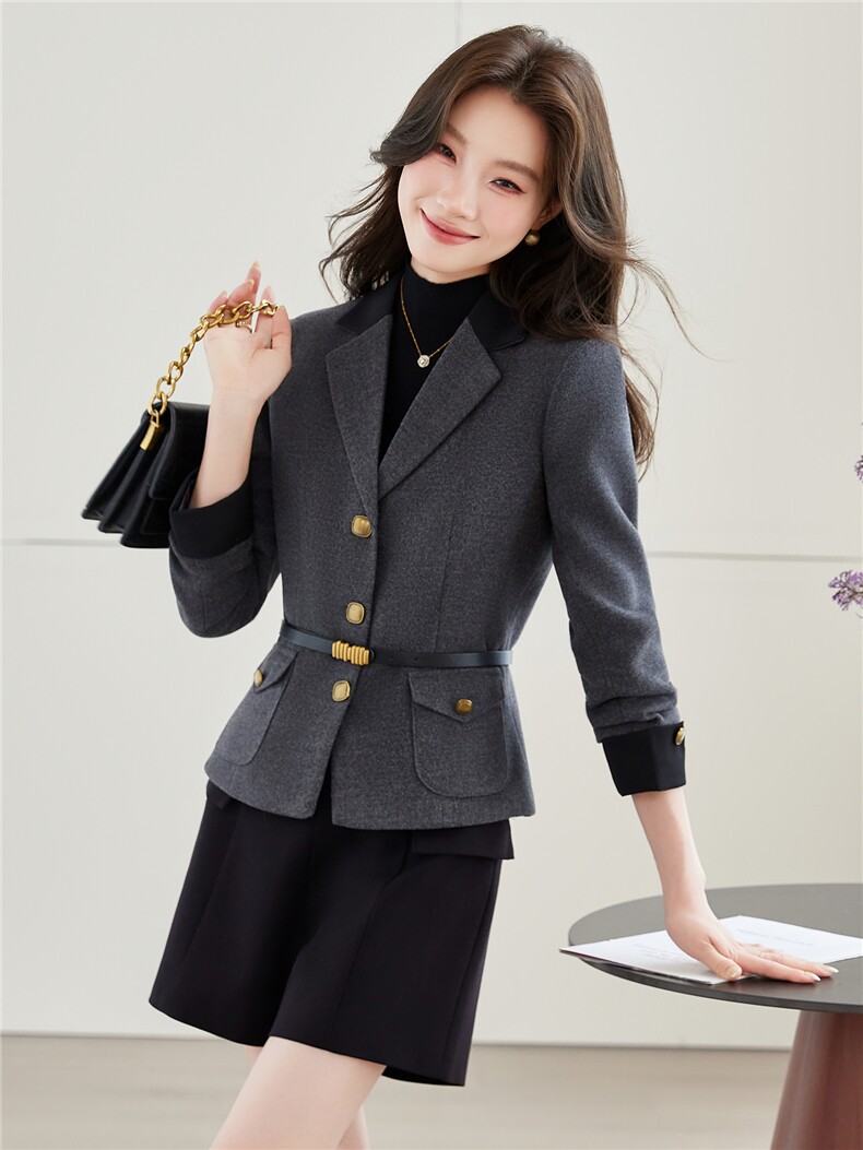 《档口现货》2026秋装新款气质收腰百搭灰色西装小外套配腰带女,女装西装,苗苗