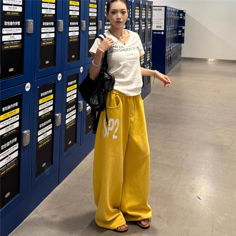 美式复古印花黄色休闲裤女夏季街头辣妹嘻哈跳舞运动宽松阔腿长裤,男装休闲裤,星座1210-1