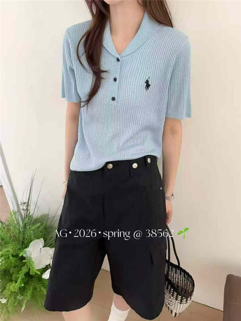 2026年夏季女士小马刺绣针织小麻花翻领短袖,女装T恤,臻纶羊绒