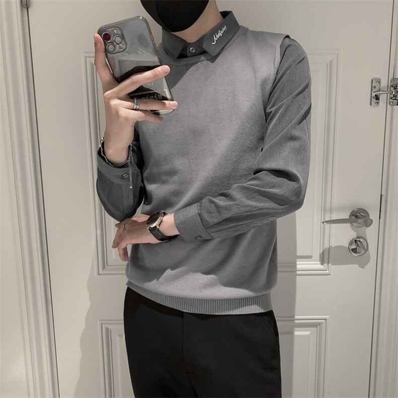 毛衣男士秋冬新款打底衫韩版修身长袖假两件简约痞帅衬衫领针织衫,男装T恤,电商A327