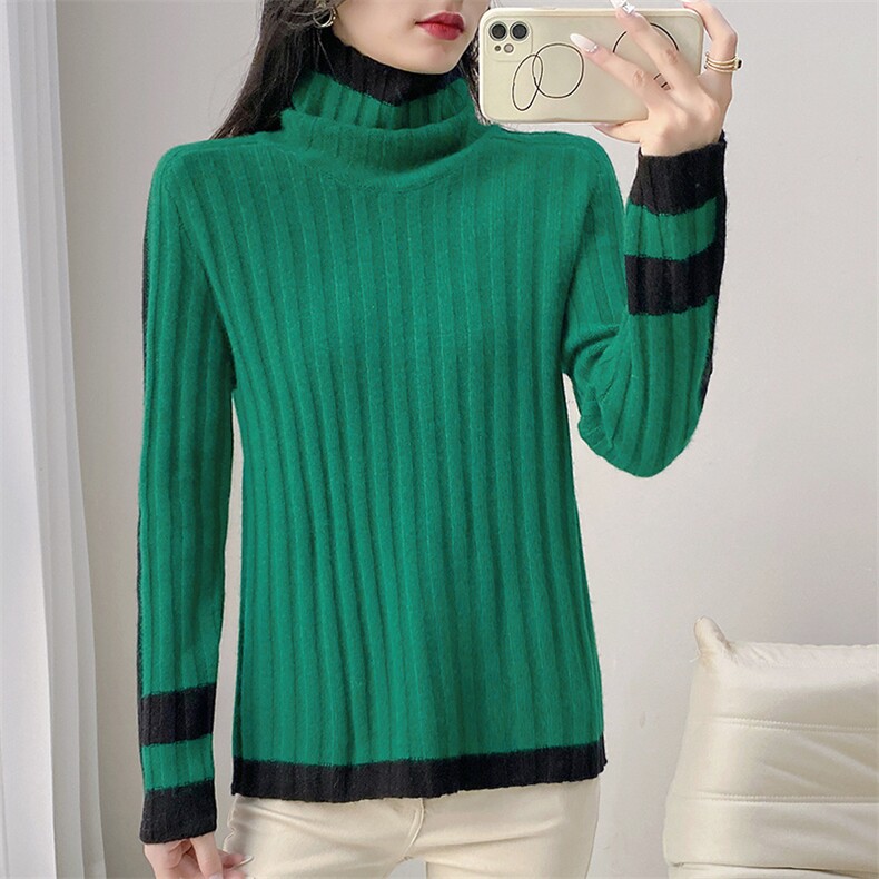高领羊绒衫女加厚毛衣新款秋冬新款拼色宽松套头显瘦针织打底衫，女装羊毛衫，米莲尼羊绒