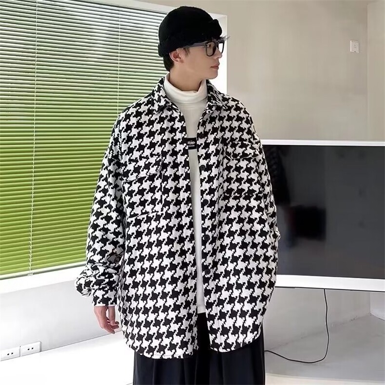 XXF007-P53千鸟格毛呢外套男春秋冬加绒加厚潮牌宽松大码小香风,女装短外套,电商B323A