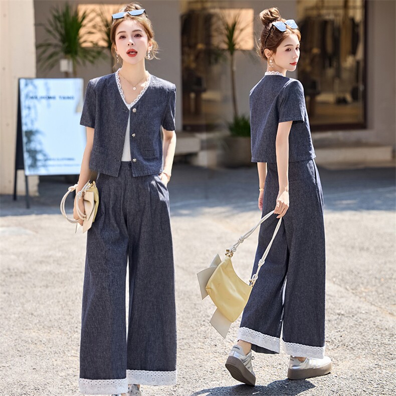 牛仔套装女2025夏季新款韩系小香风气质蕾丝九分阔腿裤穿搭一整套，女装套装/套裙，布芭啦