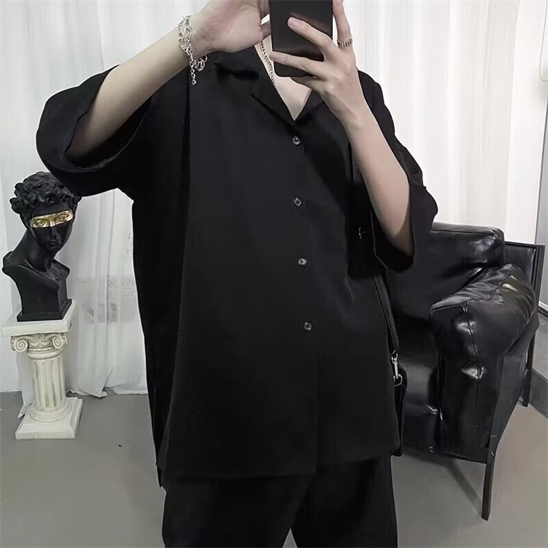 W446-P28文艺ins时尚黑暗禁欲系潮流五分袖坠感衬衫潮流衬衣,男装T恤,星座911-1