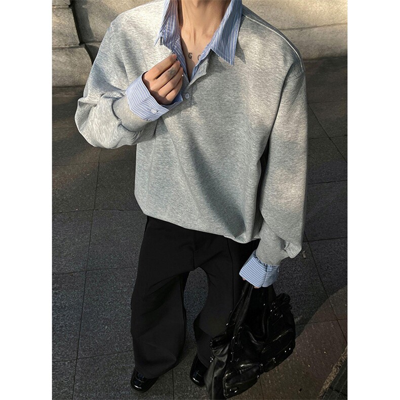 抖音得物高品质26春装美式高街假两件衬衫领长袖卫衣POLO领打底衫,男装T恤,电商A486-1