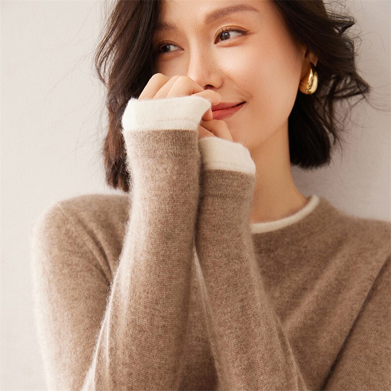 亲肤软糯拼色圆领加厚山羊绒衫女秋冬宽松套头毛衣针织羊毛打底衫,女装羊绒衫,琳华羊绒
