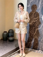 女夏新款赫本风轻熟时尚炸街套装洋气减龄长袖开衫外套短裤两件套，女装套装/套裙，江南