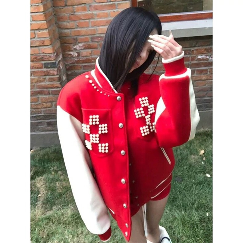【有货】DJK1027-P95红色棒球服女珍珠钉珠重磅外套vintage夹克,男装夹克,星座603-2