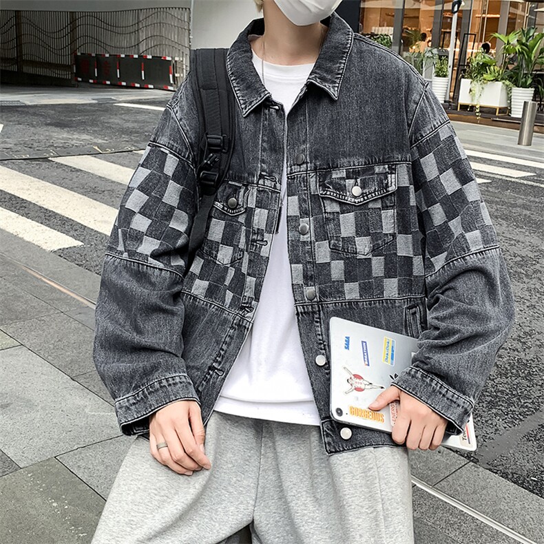 棋盘格拼接牛仔外套高街ins潮休闲百搭秋季夹克上衣JK052-P65,男装夹克,星座308B-1