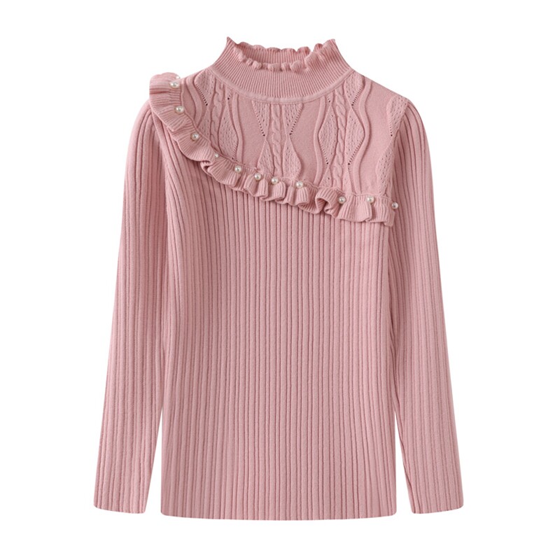 甜美珍珠装饰花边领半高领儿童针织衫，童装儿童针织衫，伊美侕