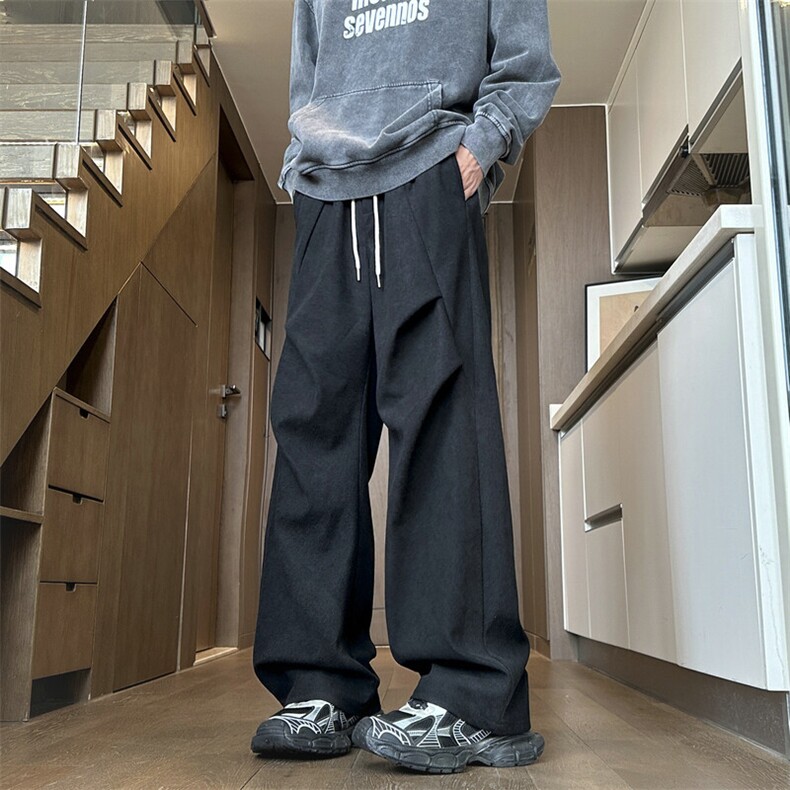 美式褶皱卫裤男高街痞帅垂感宽松阔腿直筒休闲裤504-K215-P45控69图片