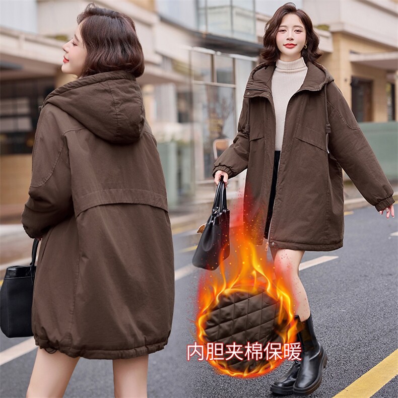 2024冬装新款夹棉休闲中长款外套,女装棉衣/棉服,梦芯尔