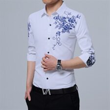 C838男士长袖衬衫印花青年韩版商务休闲白衬衣修身正装潮，男装衬衫，电商D310（原电商305）