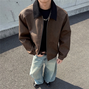 秋冬男士皮衣拼接翻领潮流机车夹克情侣机能外套GS60055图片