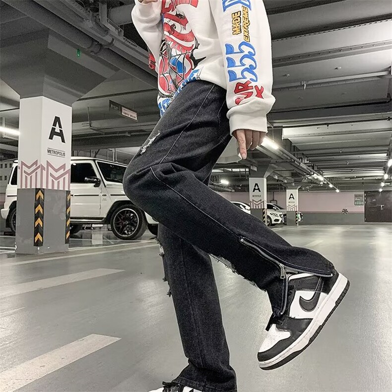 美式高街vibe做旧牛仔裤男拉链开衩复古直筒修身裤子男NY728-P49,男装牛仔裤,星座1008