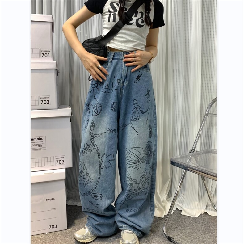欧美街涂鸦阔腿牛仔裤男女宽松oversize古着感休闲长裤RK831-P45图片