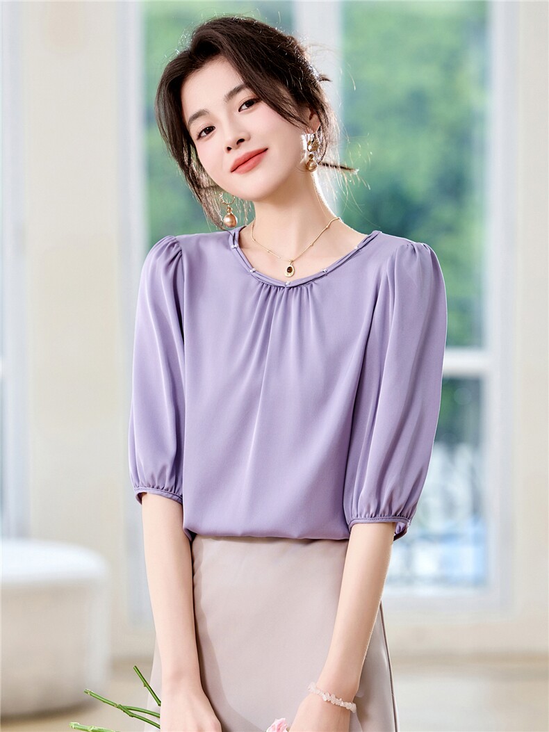 2025夏季新款重磅真丝衬衫女时尚气质圆领套头中袖纯色桑蚕丝上衣,女装衬衫,阿舍尔精品